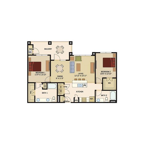 Floor plan for 2 beds, 2 baths, 1131 sqft